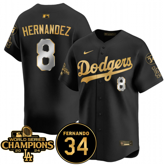 Men's Los Angeles Dodgers #8 Enrique Hernández Black/Gold 2024 World Series Champions & Fernando Memorial Patch Vapor Premier Limited Stitched Baseball Jersey Men's Los Angeles Dodgers #8 Enrique Hernández Black/Gold 2024 World Series Champions & Fernando Memorial Patch Vapor Premier Limited Stitched Baseball Jersey